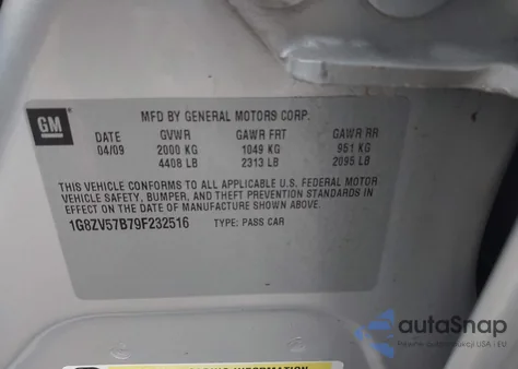 2009 Saturn Aura Xr z USA, uszkodzony, nr VIN 1G8ZV57B79F232516